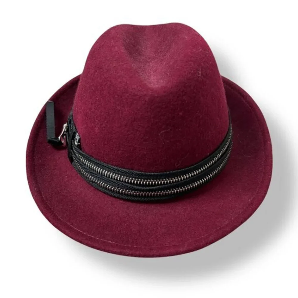 Hatch Womens Hat Burgundy Red Wool Felt with Wrapped Zipper Trim Adjustable OS